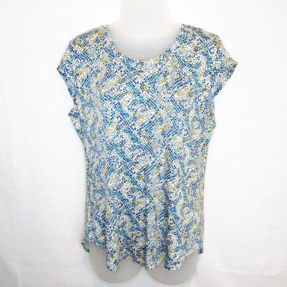 Nue Options Womens Small Cap Sleeve Top Blue Abstract Print Stretch Blouse NWT